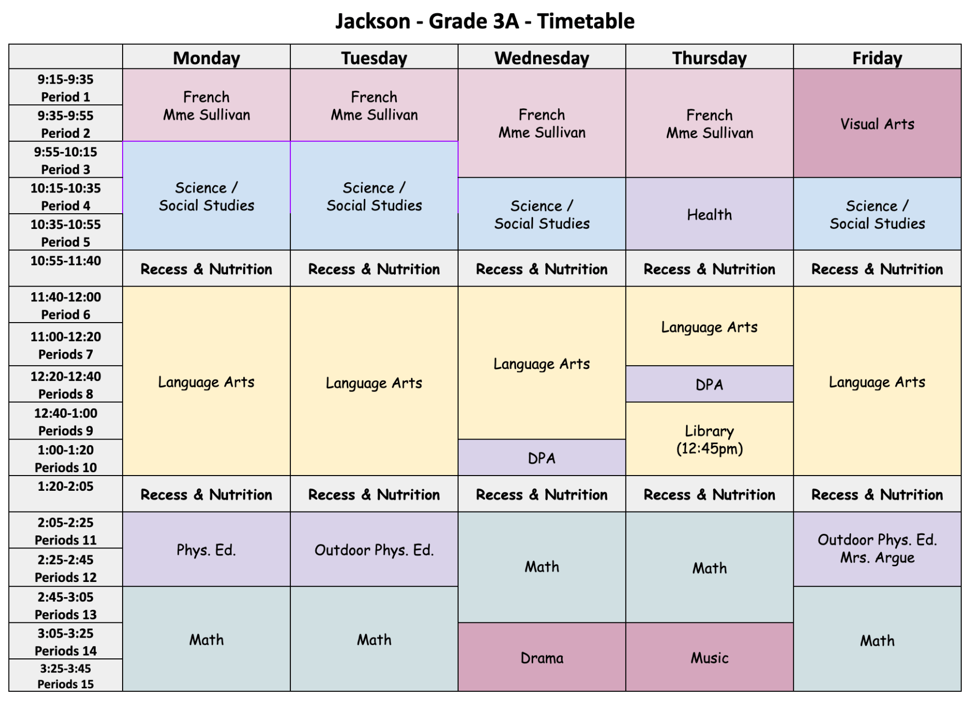 Timetable « Mr. Jackson's Grade Three Class